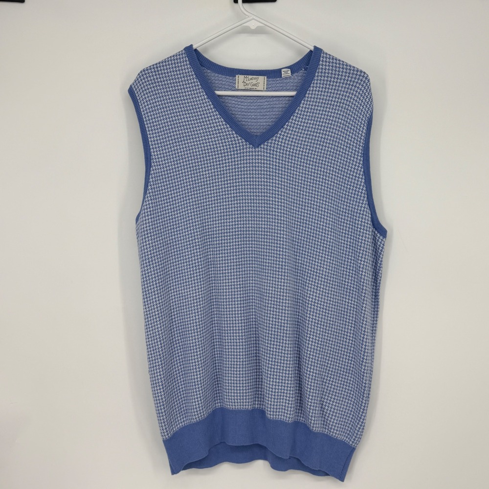 McIlhenny Dry Goods Tabasco Mens Blue Houndstooth V-Neck Sweater‎ Vest Silk L